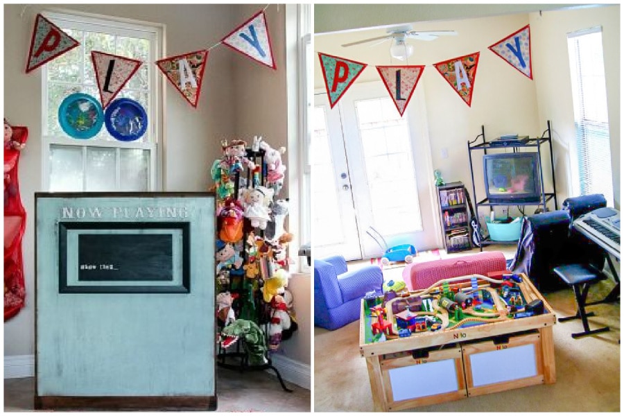 a felt letter garland spelling PLAY hanging in a playroom