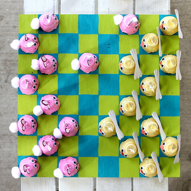 homemade easter checkers with egg carton bunny and chick crafts