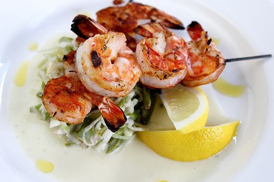 Shrimp with blue cheese and asparagus slaw