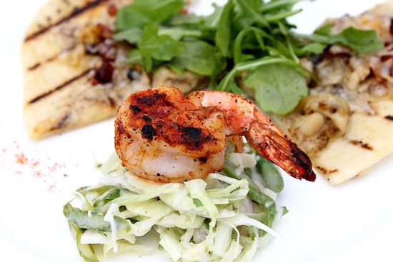 Shrimp with blue cheese and asparagus slaw