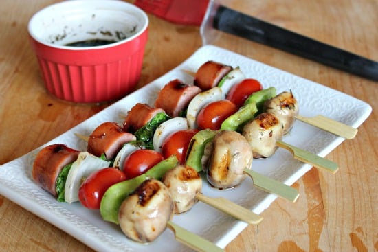 kielbasa kabobs with mushrooms, green peppers, and tomatoes and balsamic 