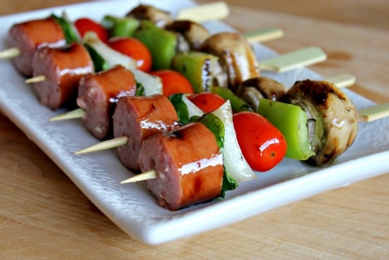 beef polska kielbasa kabobs with green peppers, mushrooms, and tomatoes