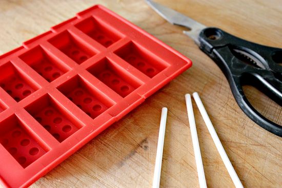 Lego brick candy mold to make lollipops