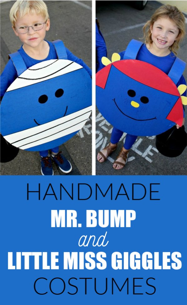 Handmade Mr. Bump and Little Miss Giggles costumes from The Mr Men books Pinterest image