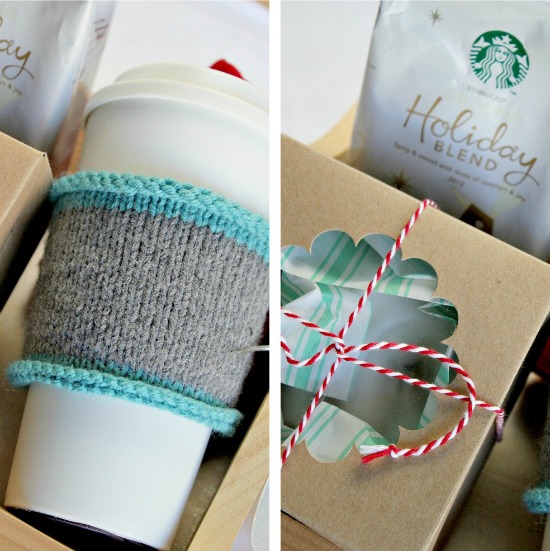 Hand knit coffee cozy and coffee gift pack