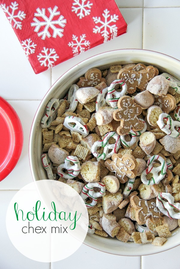 holiday chex mix with gingerbread men cookies and yogurt covered pretzels