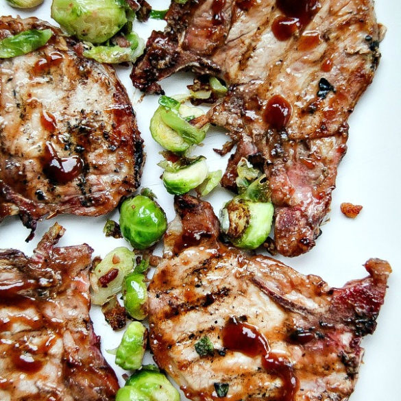 pork chops with barbecue sauce and brussels sprouts
