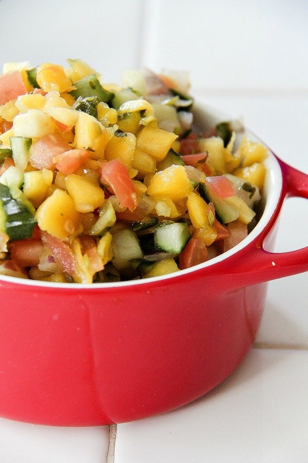 homemade salsa in a red bowl