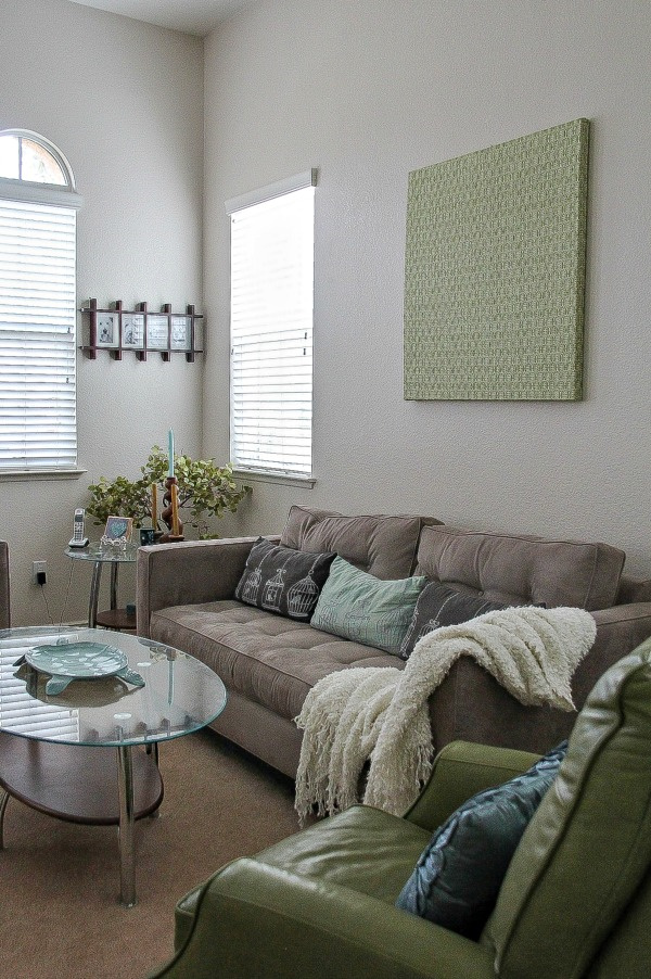 family room in green, brown, and blue