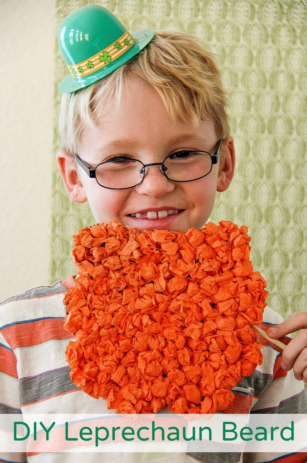 a handmade photo prop leprechaun beard made out of cardboard and tissue paper