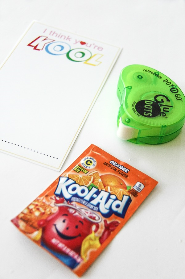 kool aid, printable cards and sticky dots to make valentines day gifts