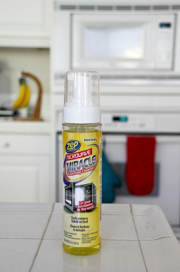 a bottle of zep microwave cleaner on a kitchen counter