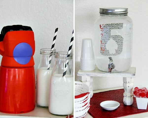 milk bottles and a water dispenser for a party