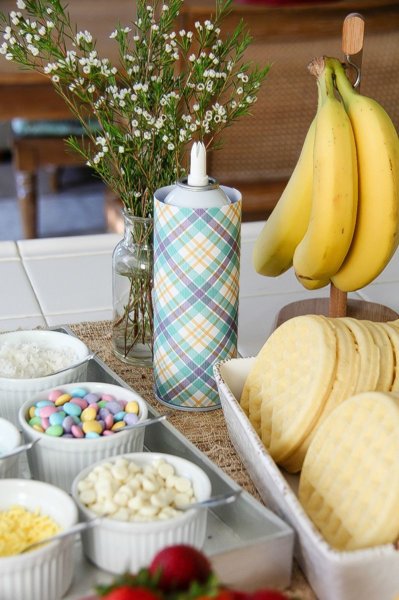 waffles and toppings set up for a serve yourself breakfast bar