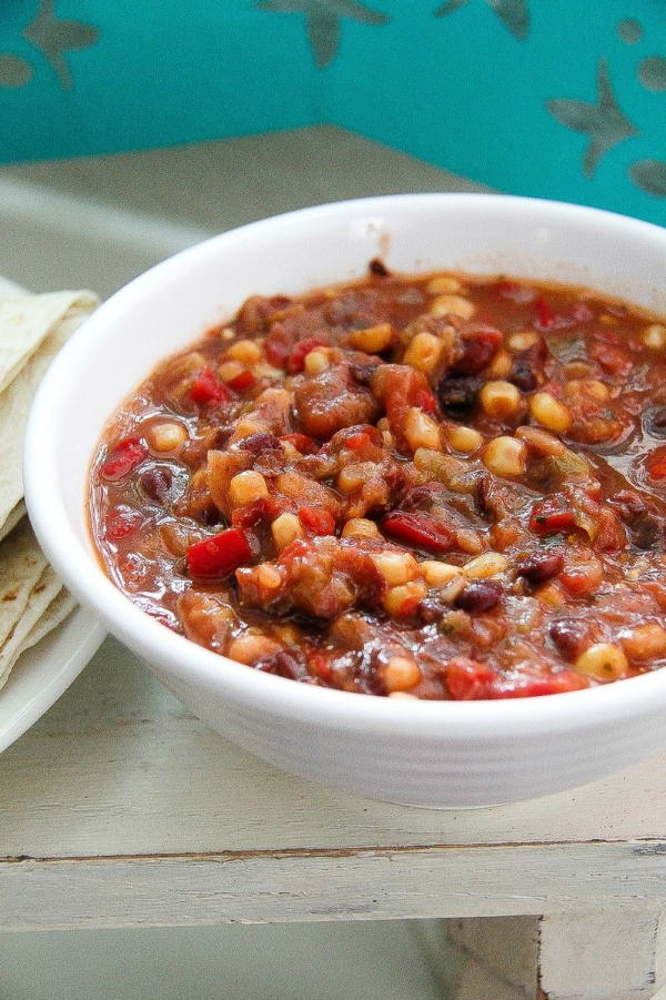 chunky salsa in a white bowl
