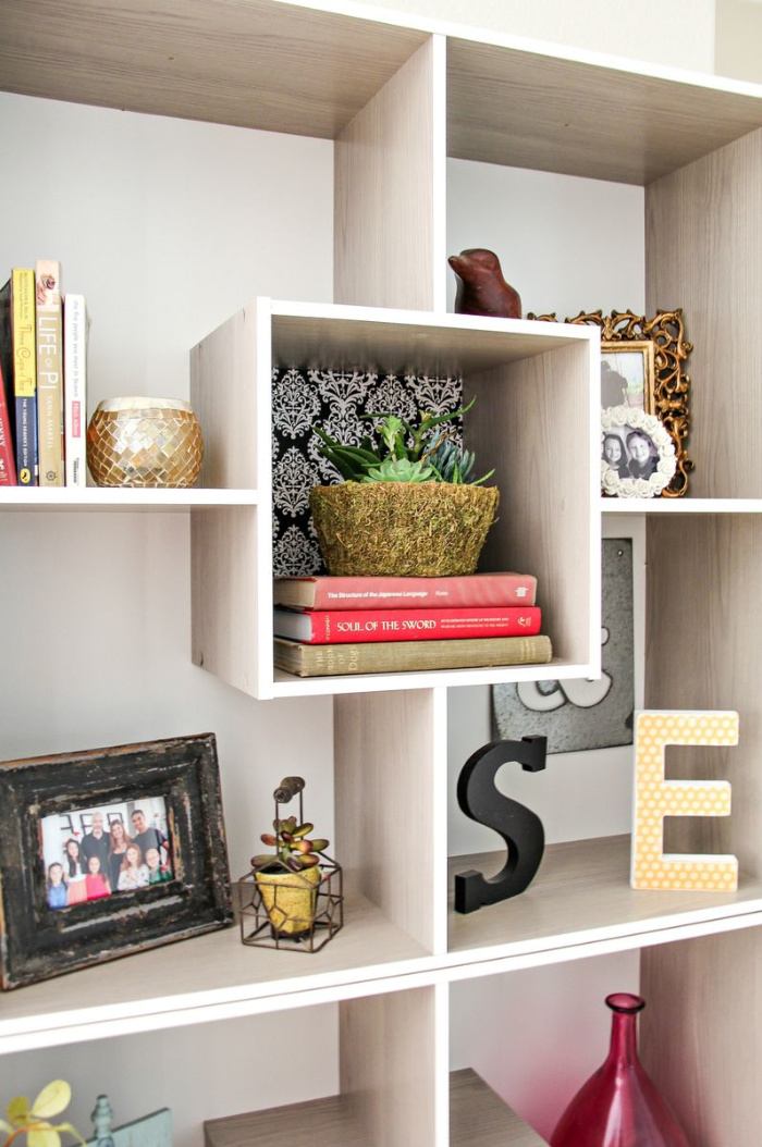 styled square shelving in a home