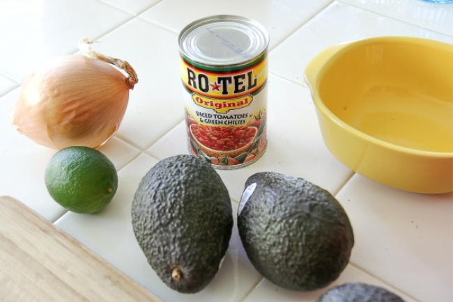 avocado, onion, lime, and a can of Rotel to make gaucamole