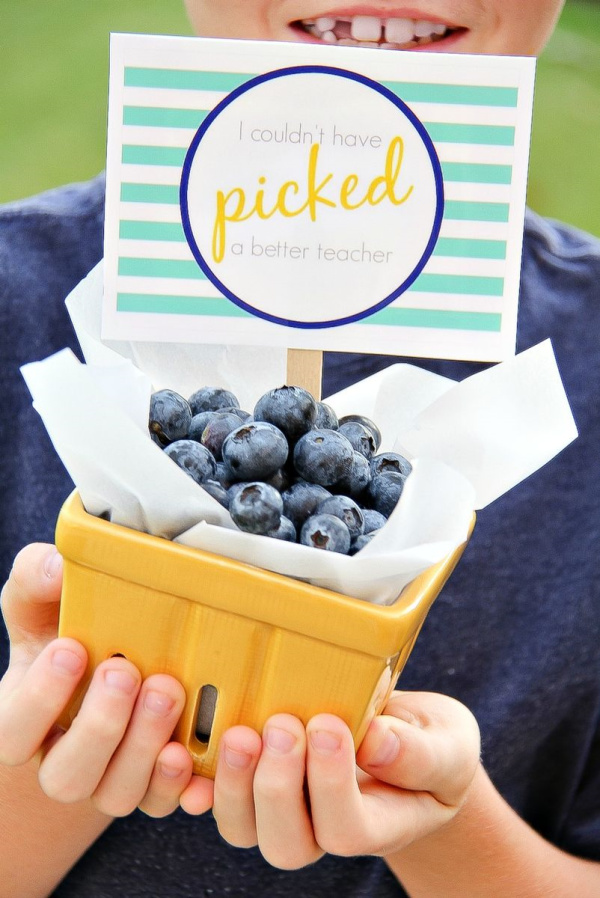 a boy holding a yellow fruit basket filled with blueberries