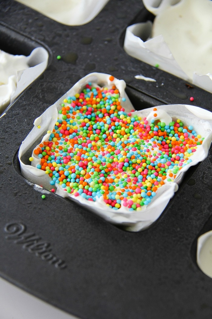 ice cream cake with sprinkles made in a brownie pan