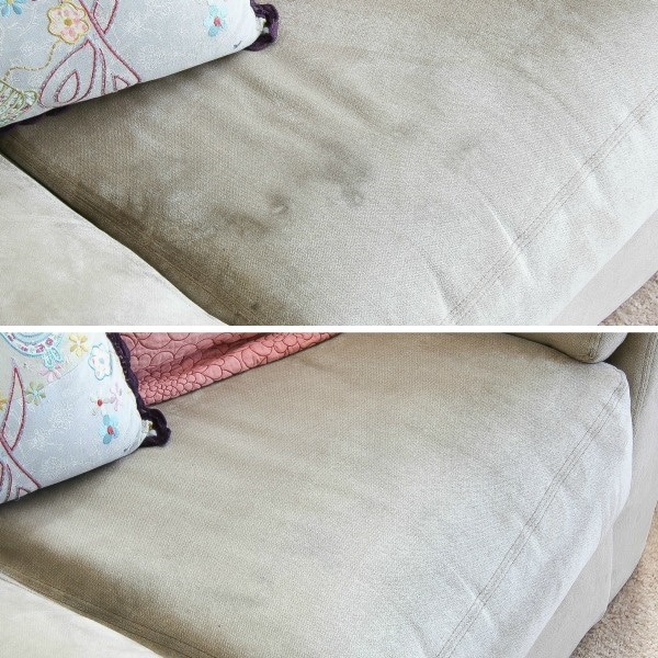 before and after removing stains from a couch