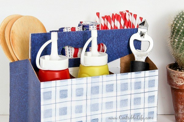 cardboard holder for ketchup, mustard, straws, and other barbecue supplies