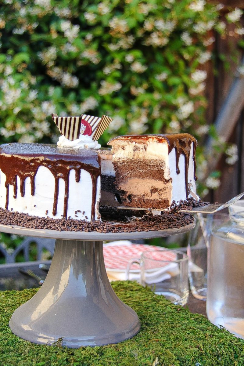 decadent ice cream cake on a cake stand with a slice of cake being served