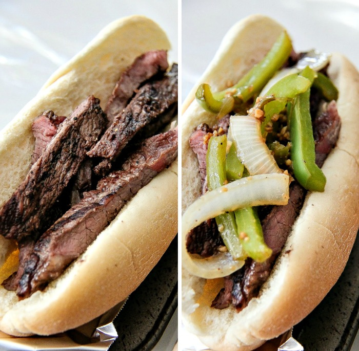 collage of someone making philly cheesesteak sandwich