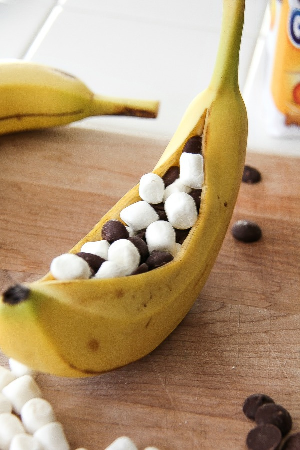 a banana filled with marshmallows and chocolate chips