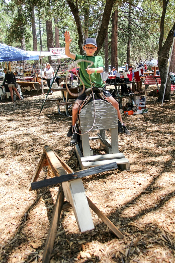 boy using a lasso on a wood bull