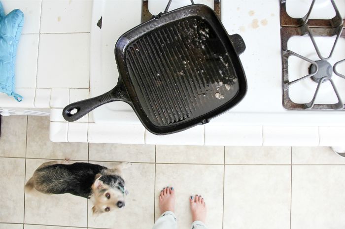 a person standing by the stove in front of a grill pan and a dog begging at their feet