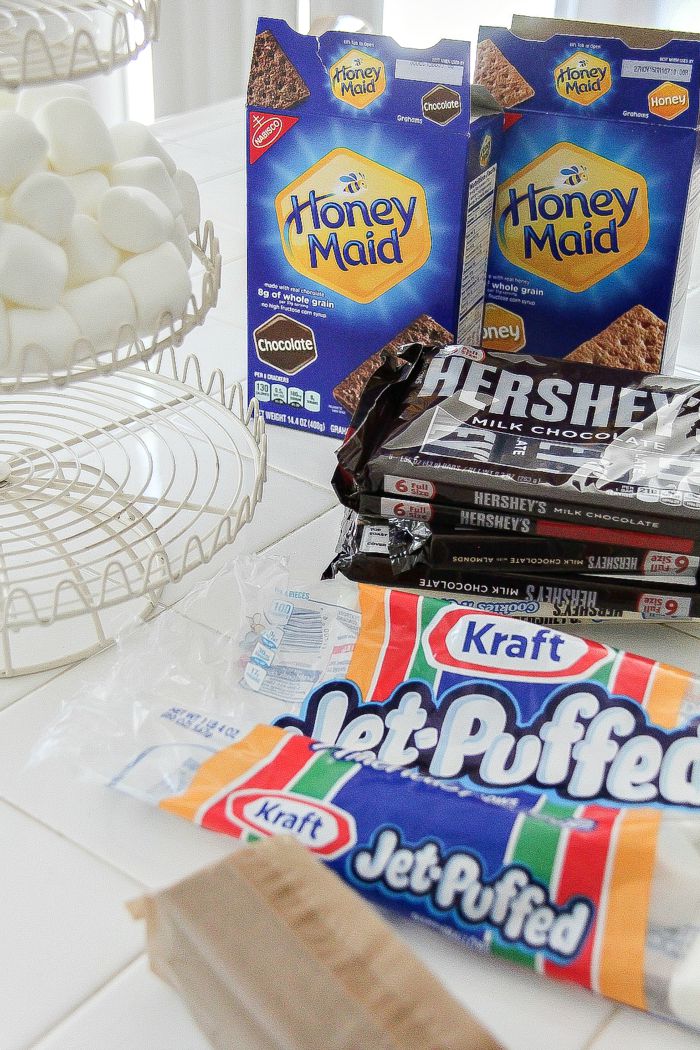 honey maid graham crackers, jet puffed marshmallows and hersey's chocolate bars to make s'mores