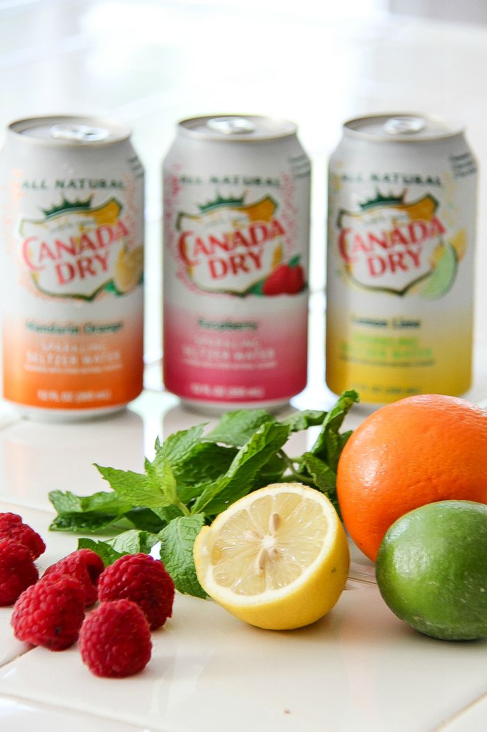 cans of Canada Dry sparkling in raspberry, lemon-lime, and orange mandarin with fresh fruit