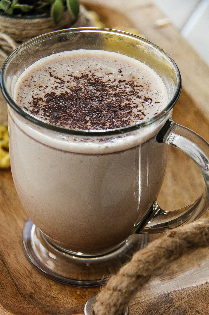 hot chocolate in a glass with Bailey's