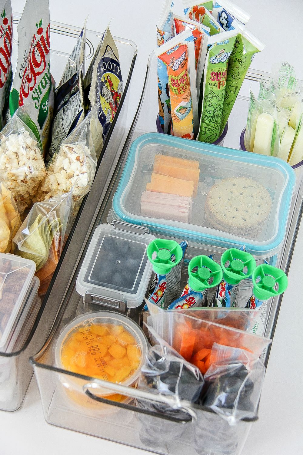 gluten free snacks in refrigerator and pantry trays for kids