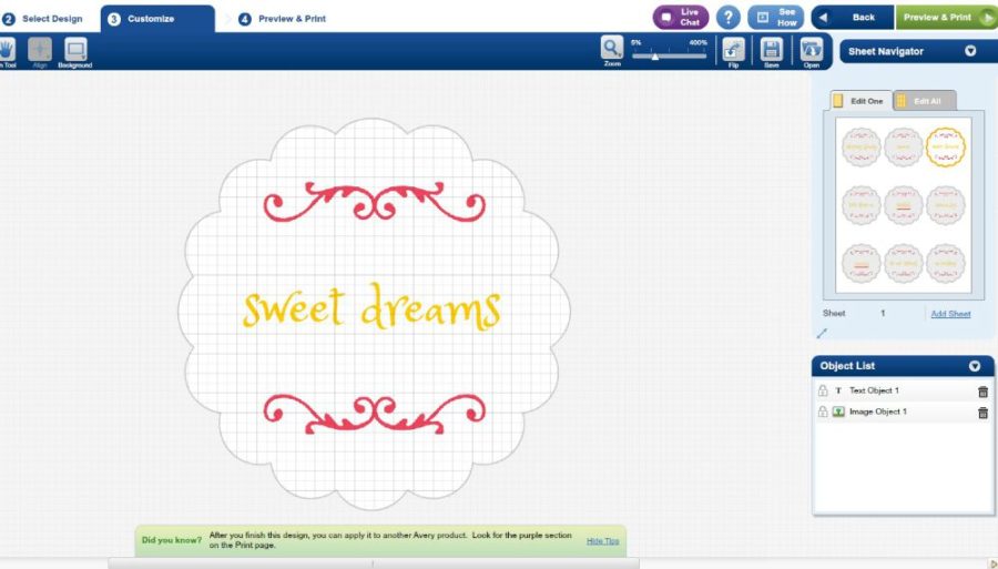 screenshot of sweet dreams labels on avery