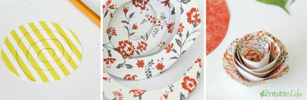collage of photos showing how to make paper flowers