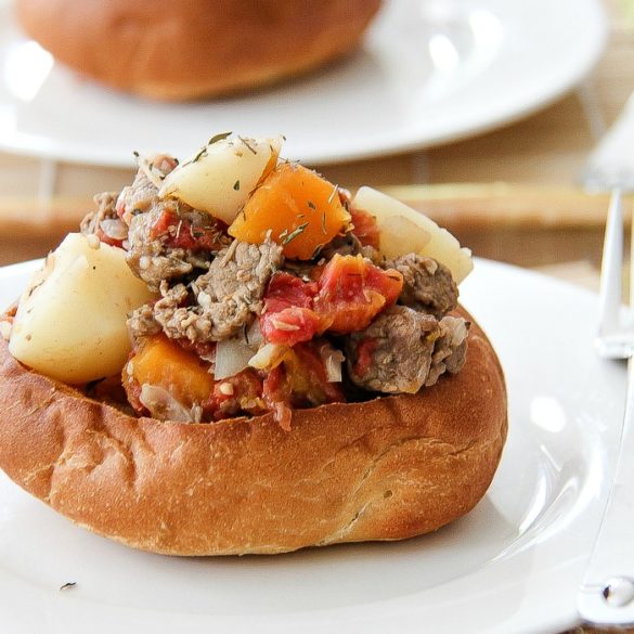 beef stew in bread bowls