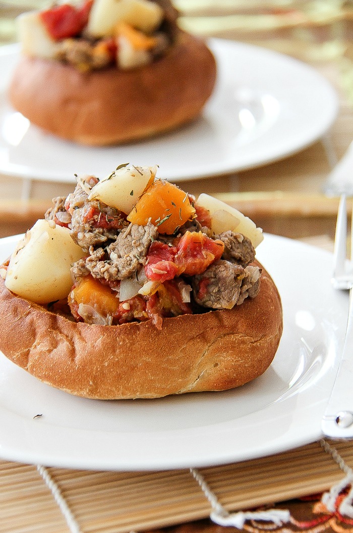 beef stew in bread bowls