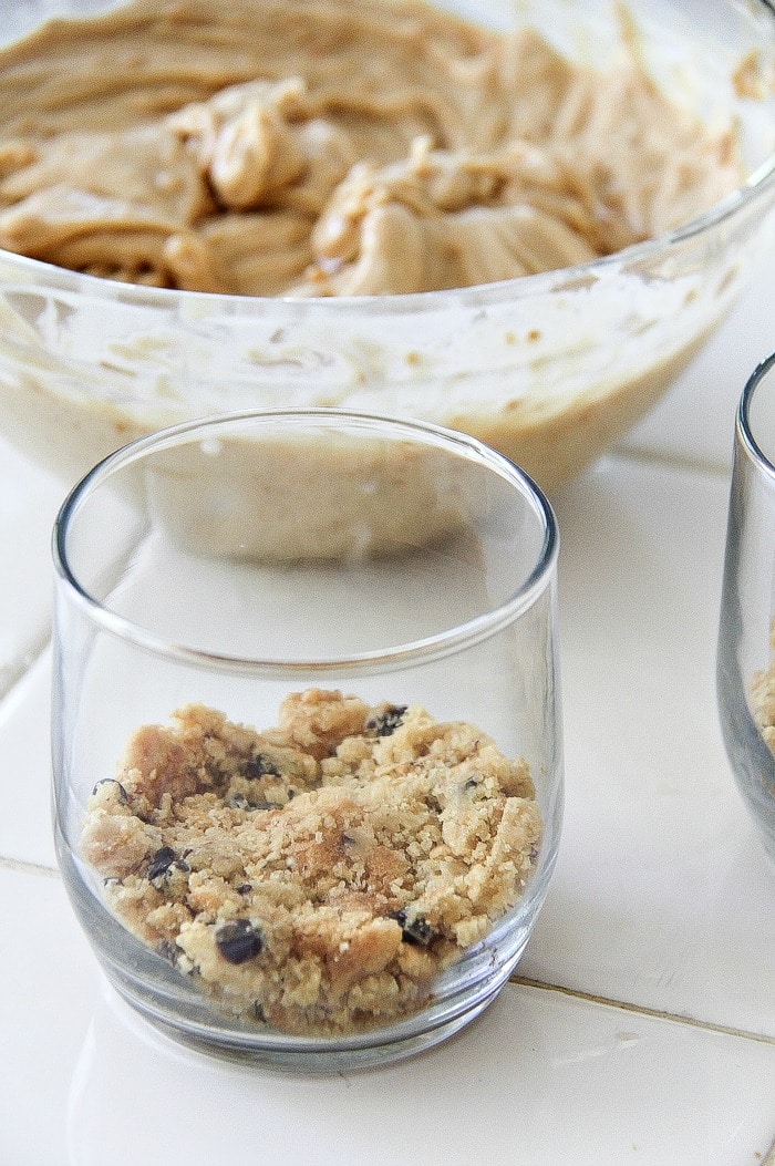 chocolate chip cookies pressed into the bottom of a glass