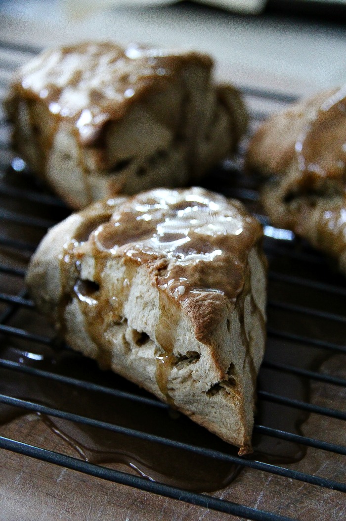 caramel scones on a wire cooling rack