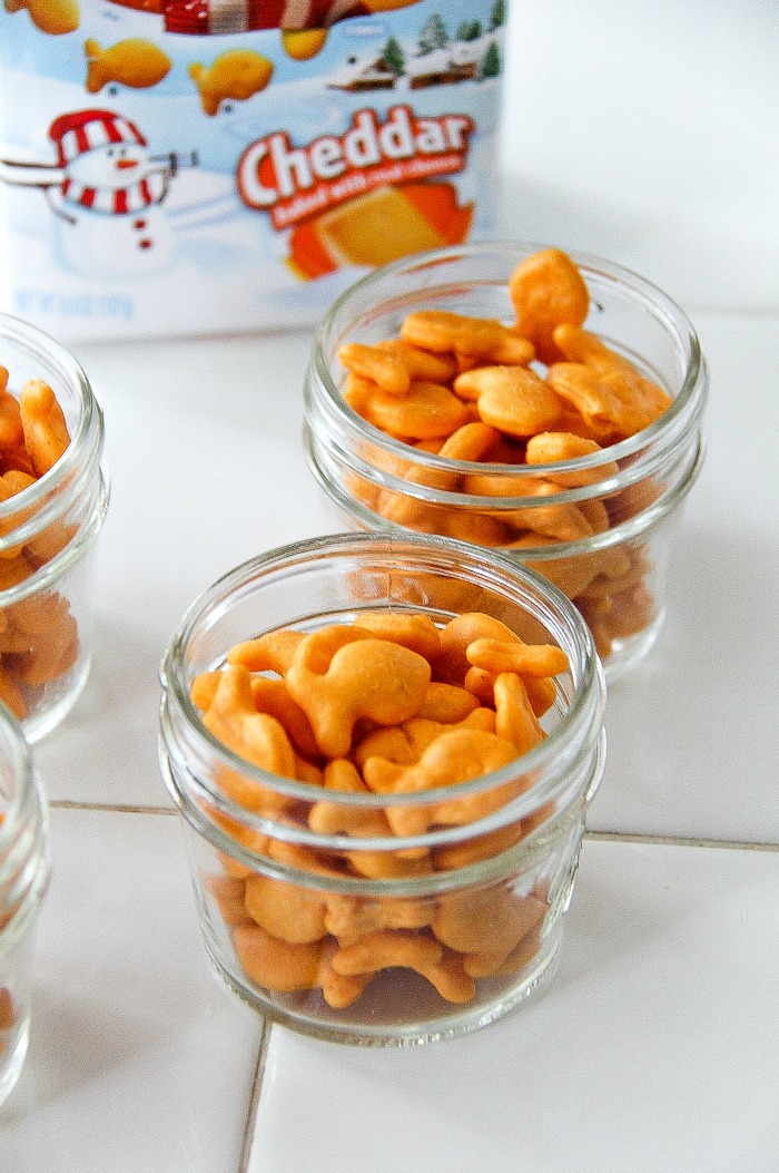 small jars filled with goldfish crackers