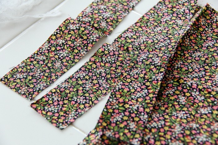 floral fabric cut into strips