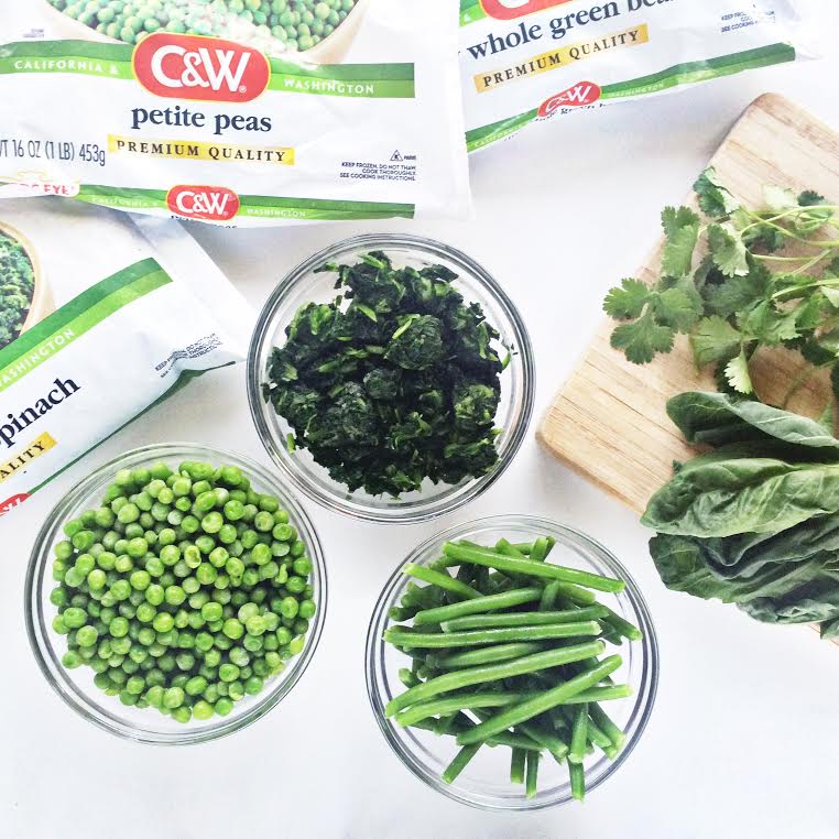 frozen green vegetables in small dishes for cooking