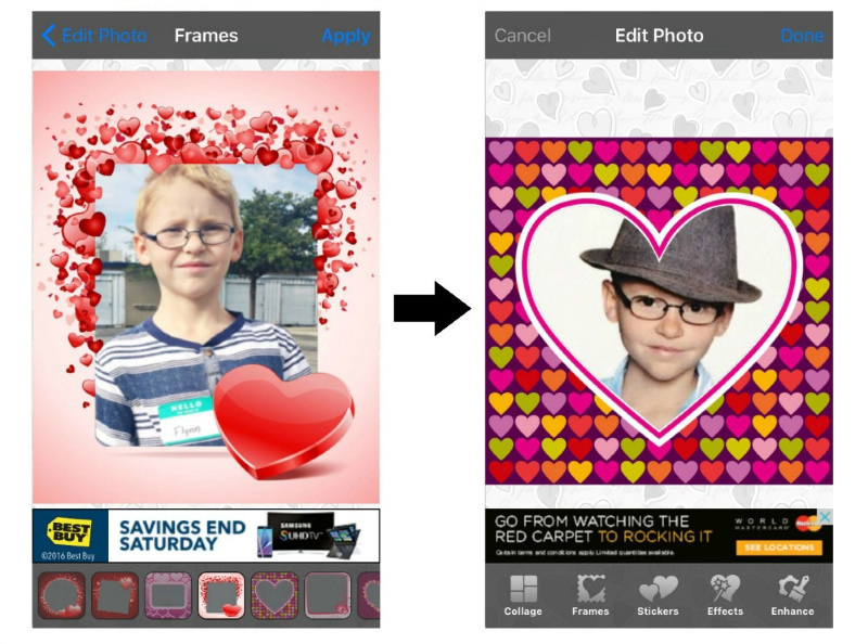 screenshot of different hearts available on love collage app