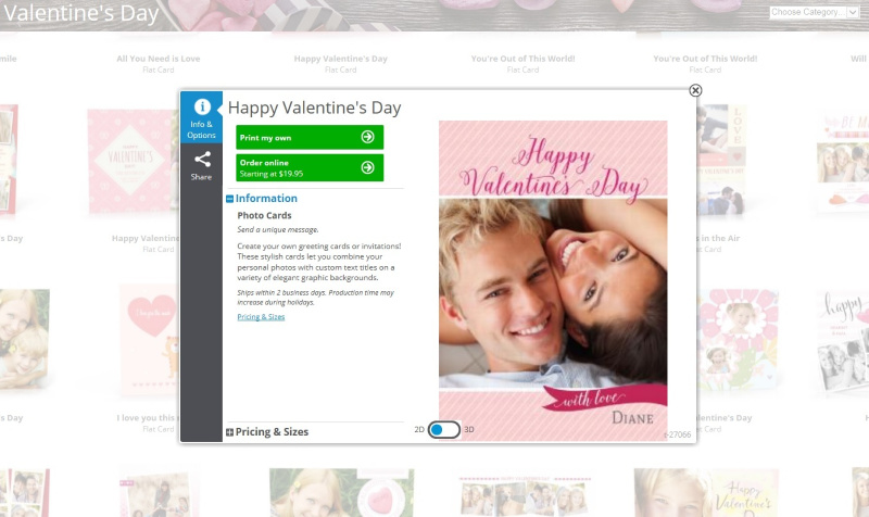 screenshot of valentines day card on hp photo creations