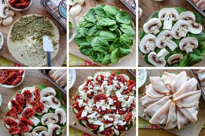 ingredients used to make a turkey pesto focaccia sandwich