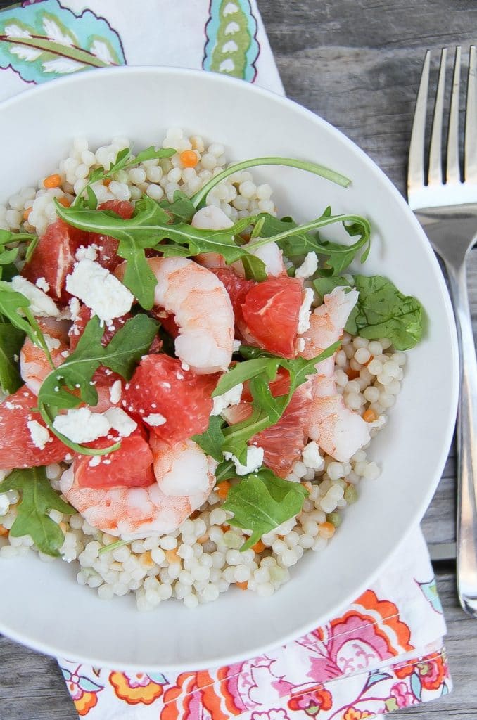 A light and tangy salad with grapefruit, shrimp, and couscous.