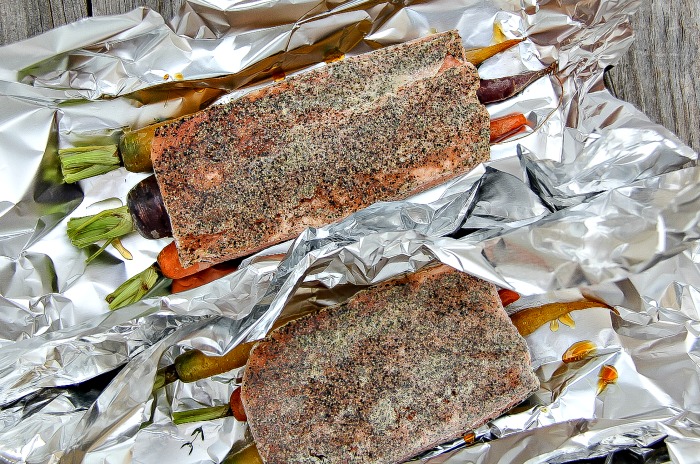 salmon and rainbow carrot foil packets