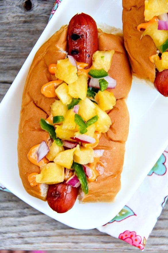 Hot Dogs with Sriracha and Pineapple Salsa Tonya Staab