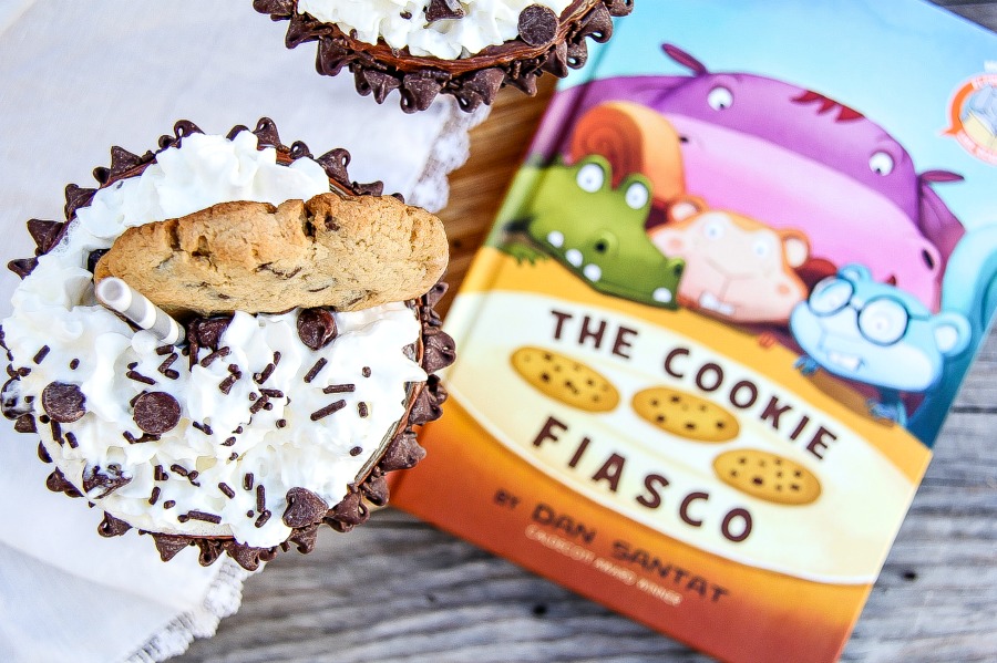 The Cookie Fiasco story book paired with a gluten-free chocolate chip cookie milkshake